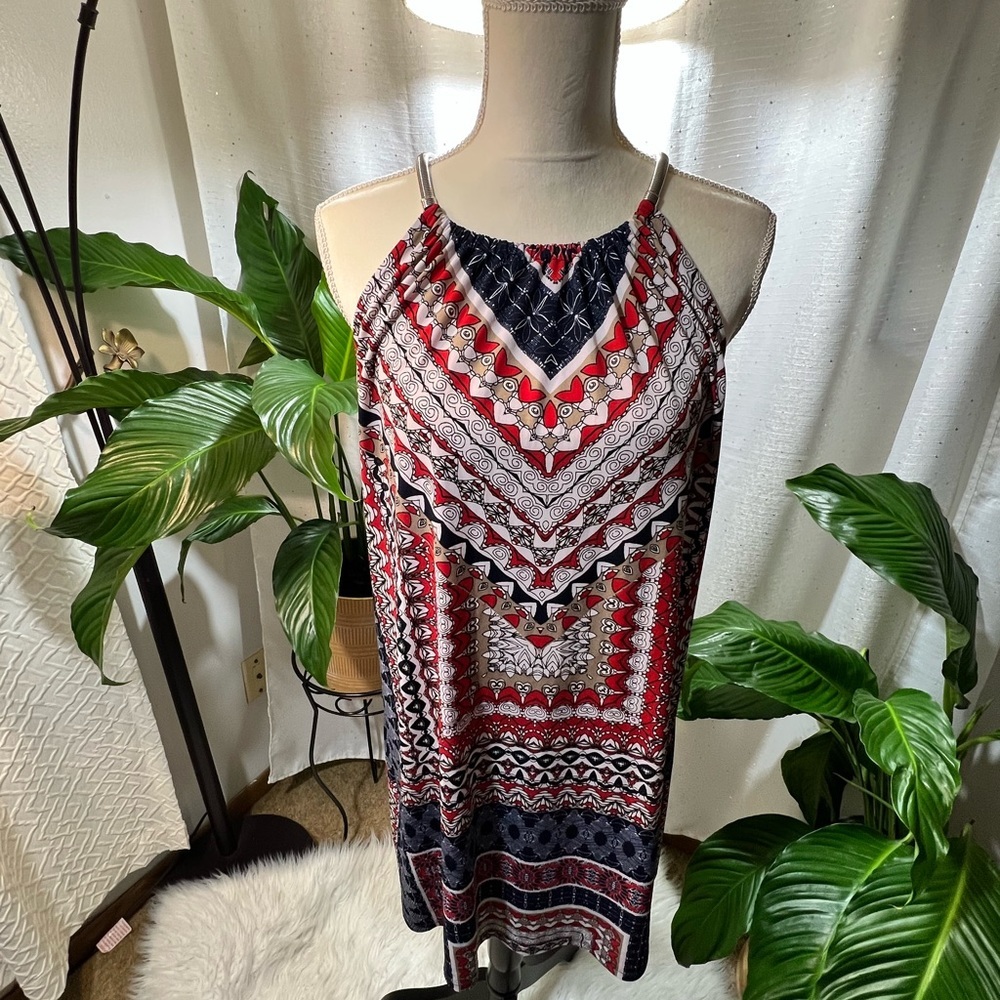 Alfani Red, White & Navy Geometric Halter Mini Dress